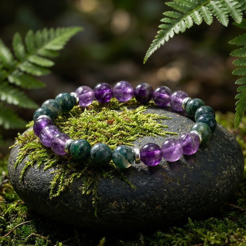 Moss Agate & Amethyst 'Steady Calm' Bracelet