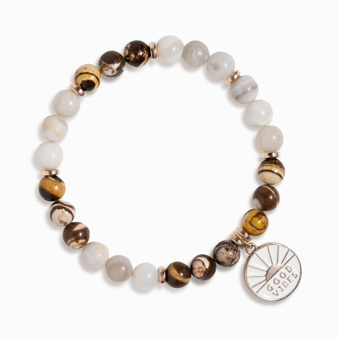 Bamboo Leaf Agate & White Agate 'Good Vibes' Bracelet